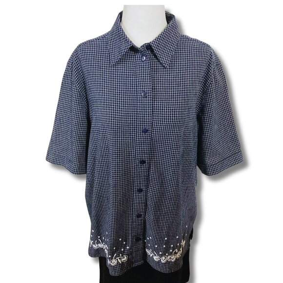 TANJAY Plus-size cherry embroidered navy blue white gingham shirt ~ LARGE XL top - Picture 1 of 12